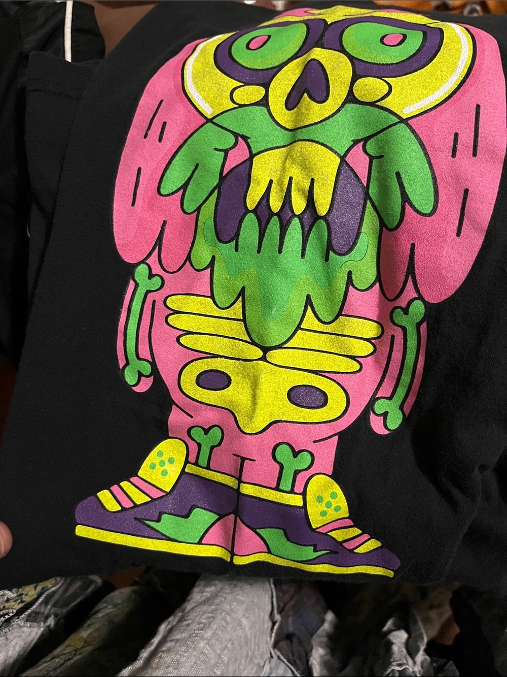 Black Short Sleeve Graphic Tee with Neon Skull Design